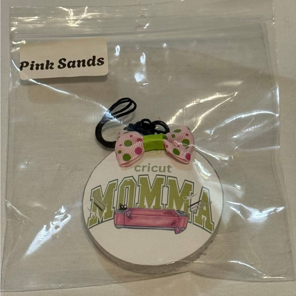 3 inch Cricut Momma Pink and Green Polka Dot Bow Car Freshie